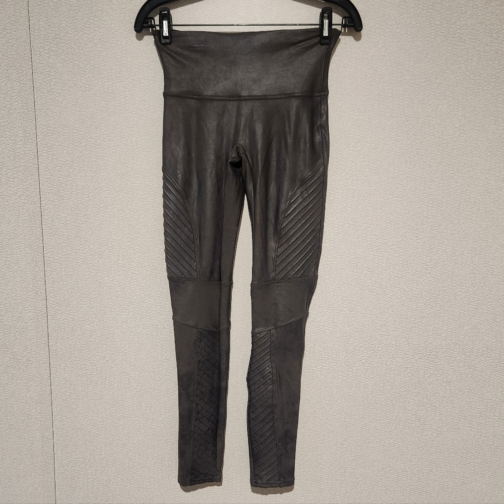 SPANX Faux Leather Moto Leggings Gunmetal Womens Medium